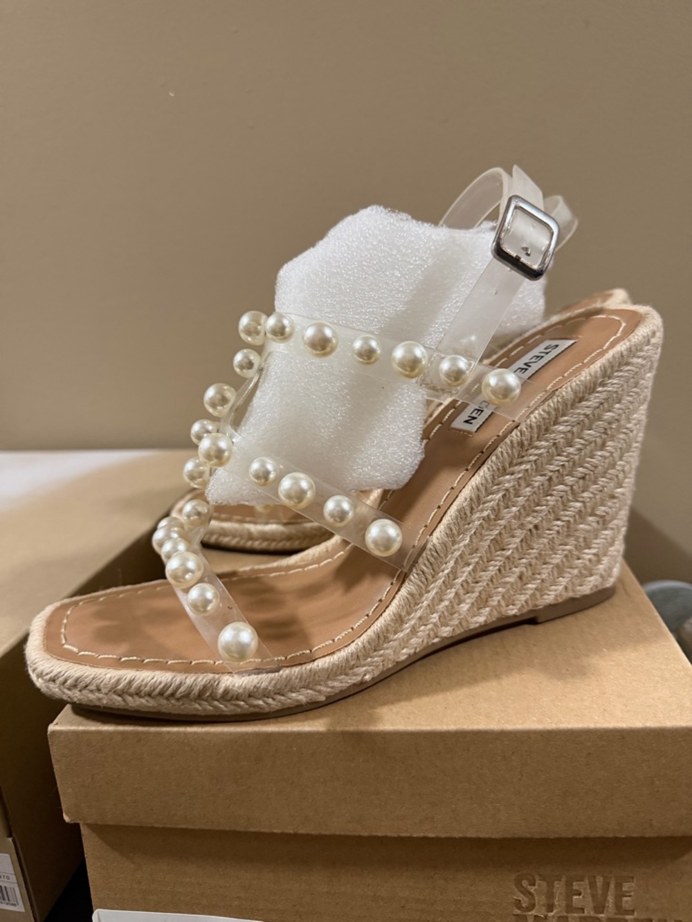 Steve Madden Clear Pearl-Strap Espadrille Wedges - White
